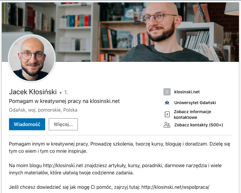 Profil zawodowy na LinkedIn Jacka Kłosińskiego.